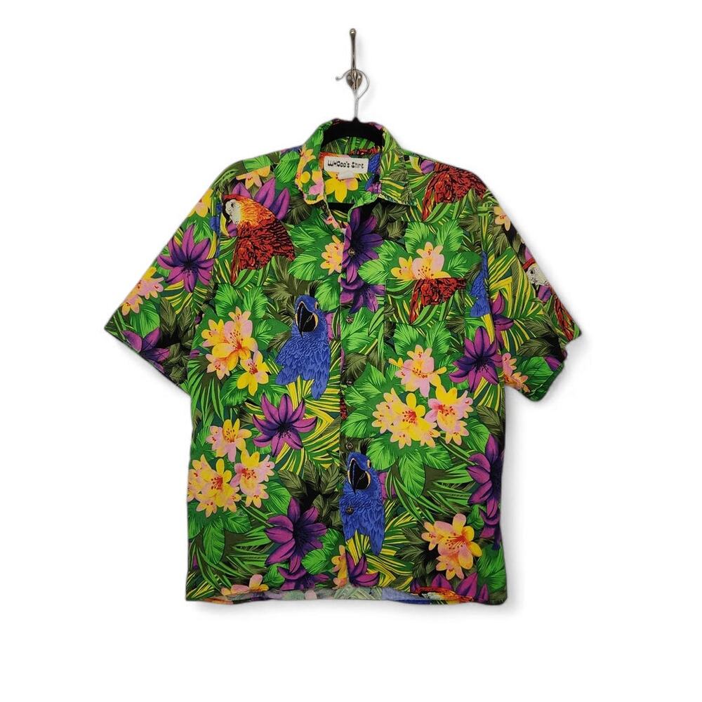 Vintage Whooos Shirt Cotton Medium USA Made All Over Parrot Hawaiian Top